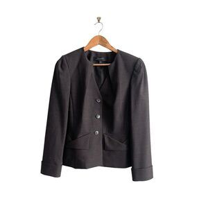 Tahari Wool Blend Blazer Pleated Collar Brown Cropped Women's 6 Pockets Lined